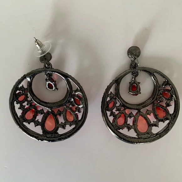 Vintage Red Jeweled Hoop Earrings Drop Rhinestones Stud Top Pierced Ears - Picture 14 of 15